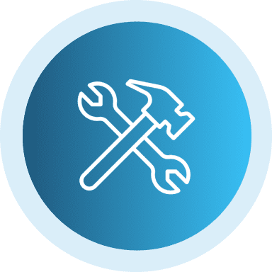 Icon of crossed hammer and wrench on a blue circular background.